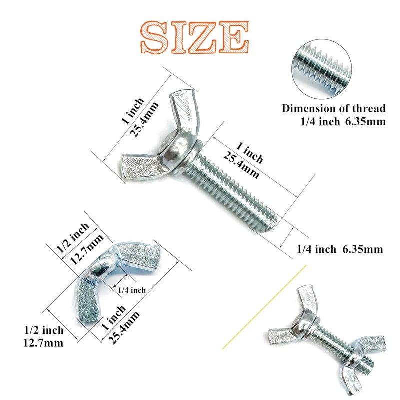 Matrelt 30 Pcs 1/4"-20 x1 Wing Screw Bolts and Wing Nut Kit Butterfly Screws and Nut with Hand Twist Tighten Wing Head Zinc Plated Hardware Fitting Fastenings Assortment Kit - Image 2